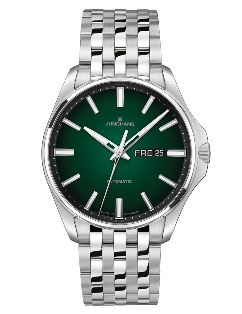 Srebrny zegarek męski z zieloną tarczą na bransolecie Junghans Meister S Day-Date Srebrny zegarek męski z zieloną tarczą na bransolecie Junghans Meister S Day-Date