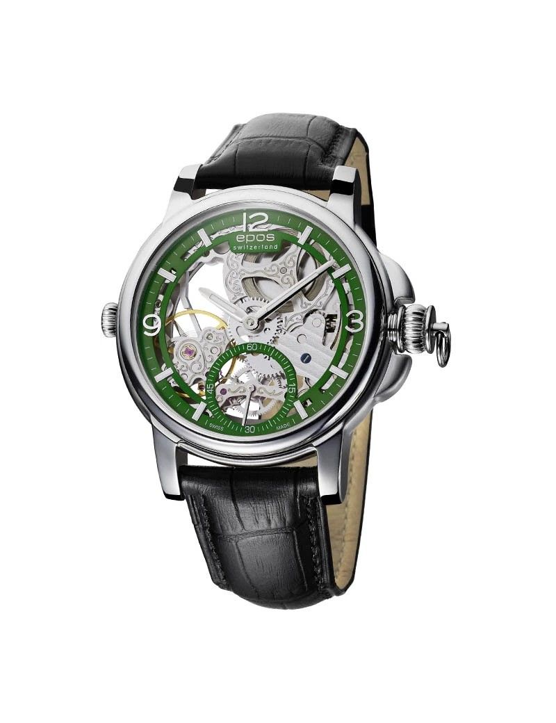 Szwajcarski zegarek męski Epos 3429.195.20.53.25 Skeleton Green z szafirowym szkłem