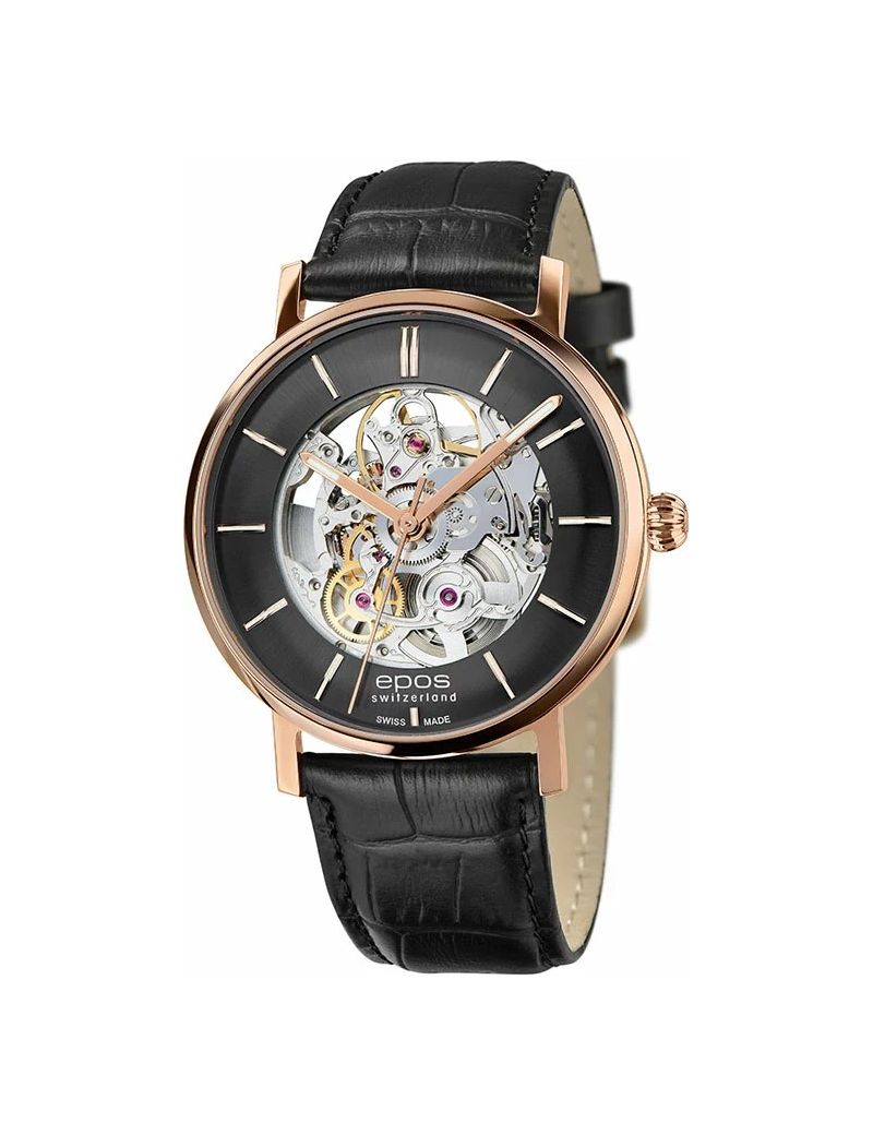 Szwajcarski zegarek męski Epos Originale 3437.135.24.15.25 Skeleton PVD z szafirowym szkłem