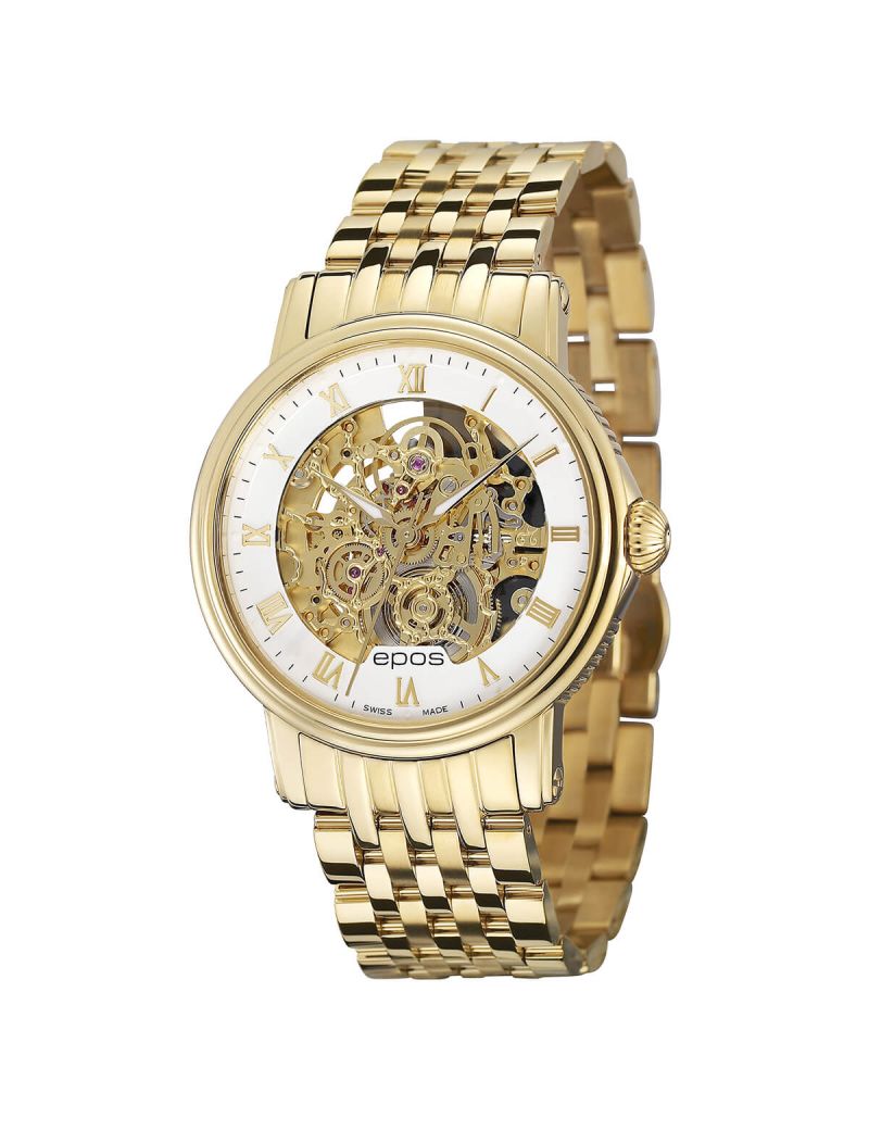 Garniturowy zegarek męski Epos Emotion Skeleton PVD z jasną tarczą i złotą bransoletą Garniturowy zegarek męski Epos Emotion Skeleton PVD z jasną tarczą i złotą bransoletą