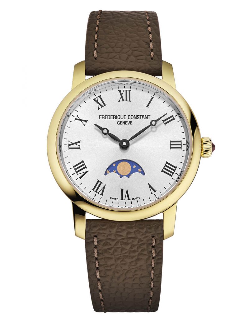 Klasyczny zegarek na pasku skórzanym z fazą księżyca Frederique Constant Slimline Ladies Moonphase FC-206RS1S5 Klasyczny zegarek na pasku skórzanym z fazą księżyca Frederique Constant Slimline Ladies Moonphase FC-206RS1S5