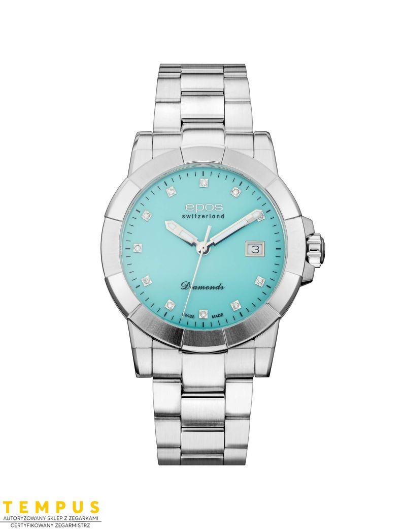 Szwajcarski zegarek damski Epos Ladies Quartz 8001.700.20.89.30 Diamonds Tiffany Blue z turkusową tarczą i diamentami Szwajcarski zegarek damski Epos Ladies Quartz 8001.700.20.89.30 Diamonds Tiffany Blue z turkusową tarczą i diamentami