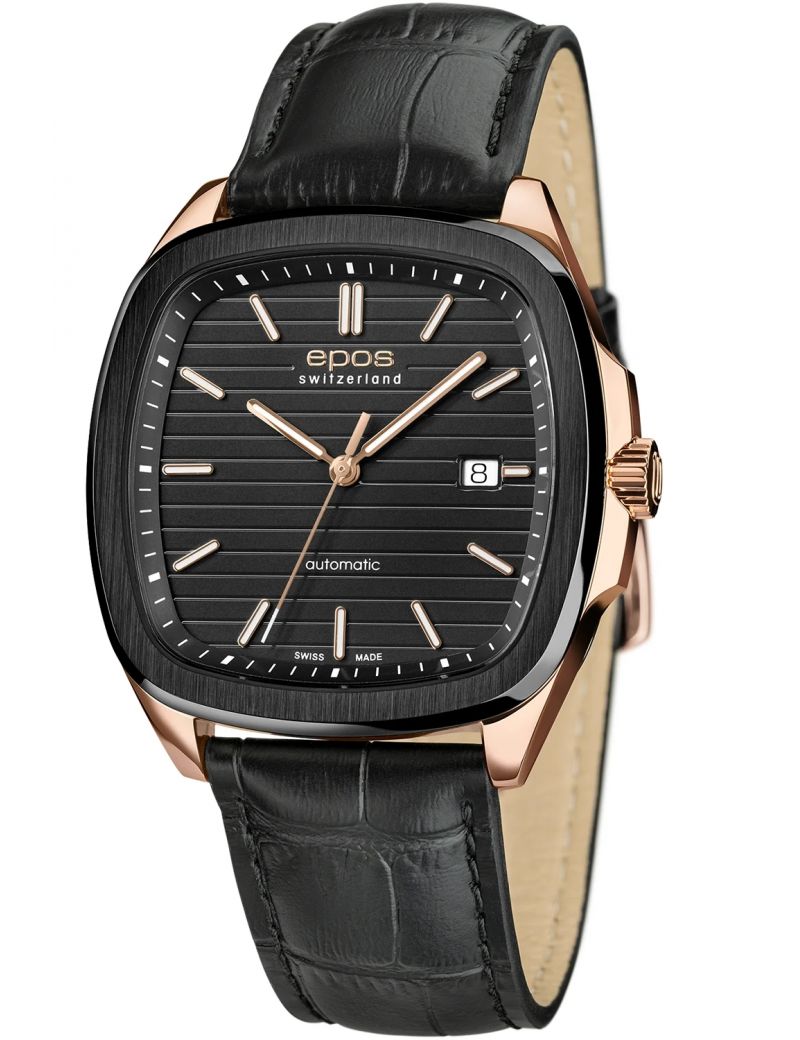 Kwadratowy zegarek męski na bransolecie z mechanizmem widocznym przez dekiel Epos Timeless 3511.152.55.15.25