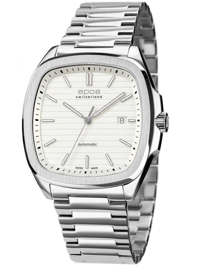 Kwadratowy zegarek męski na bransolecie z mechanizmem widocznym przez dekiel Epos Timeless 3511.152.20.10.30 Kwadratowy zegarek męski na bransolecie z mechanizmem widocznym przez dekiel Epos Timeless 3511.152.20.10.30