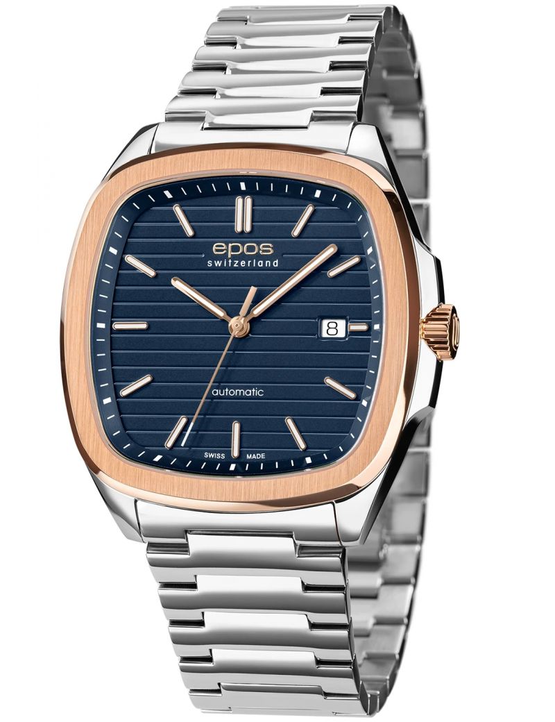 Kwadratowy zegarek męski na bransolecie z mechanizmem widocznym przez dekiel Epos Timeless 3511.152.34.16.30 Kwadratowy zegarek męski na bransolecie z mechanizmem widocznym przez dekiel Epos Timeless 3511.152.34.16.30