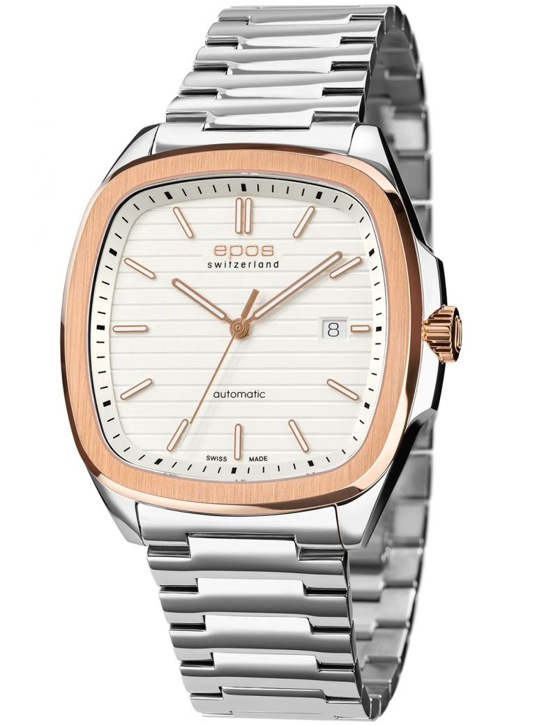 Kwadratowy zegarek męski na bransolecie z mechanizmem widocznym przez dekiel Epos Timeless 3511.152.34.10.30 Kwadratowy zegarek męski na bransolecie z mechanizmem widocznym przez dekiel Epos Timeless 3511.152.34.10.30