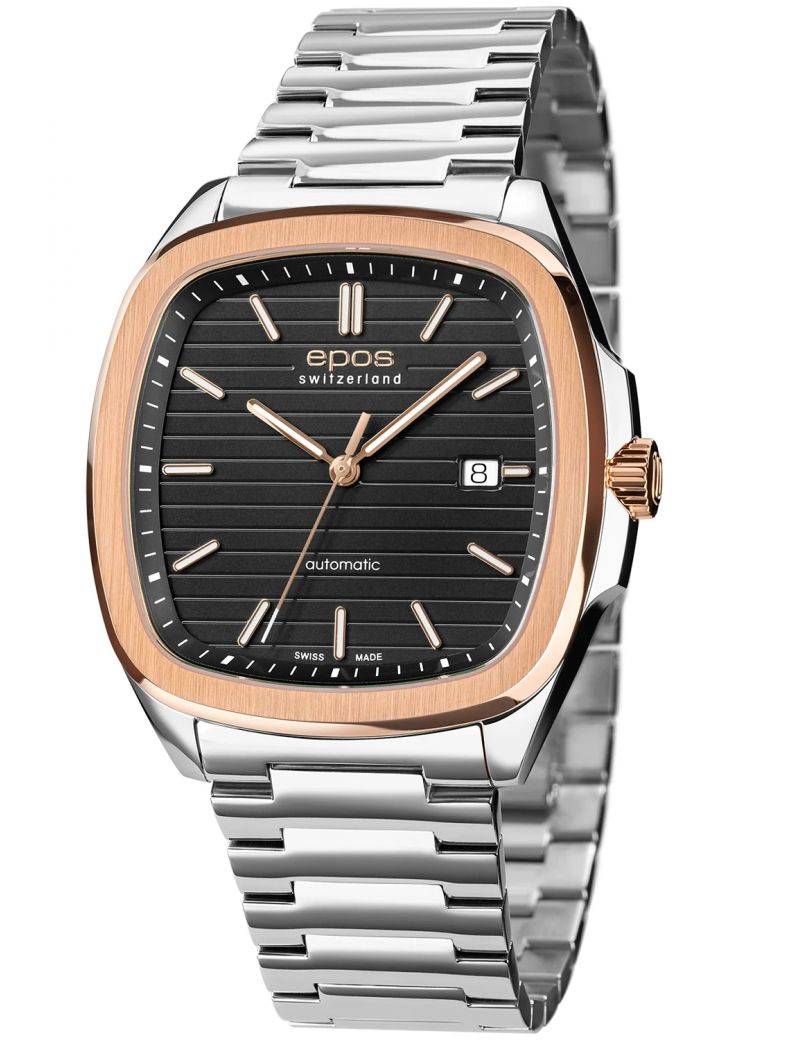 Kwadratowy zegarek męski na bransolecie z mechanizmem widocznym przez dekiel Epos Timeless 3511.152.34.15.30
