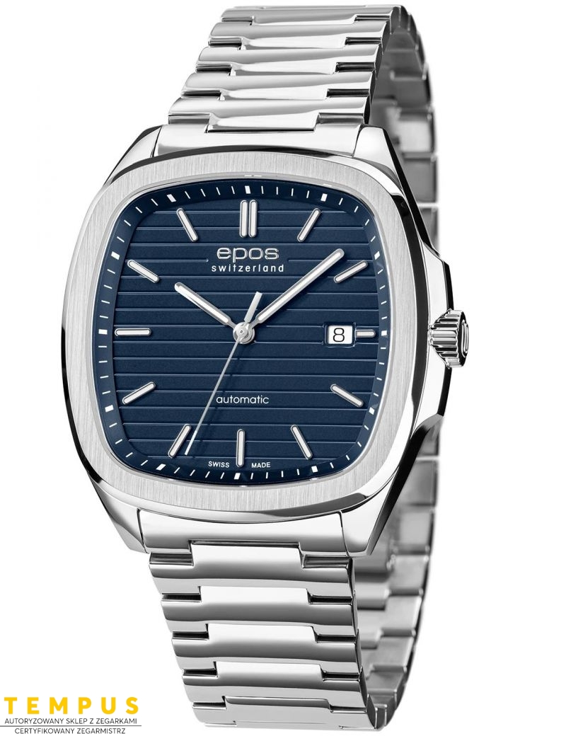 Kwadratowy zegarek męski na bransolecie z mechanizmem widocznym przez dekiel Epos Timeless 3511.152.20.16.30 Kwadratowy zegarek męski na bransolecie z mechanizmem widocznym przez dekiel Epos Timeless 3511.152.20.16.30