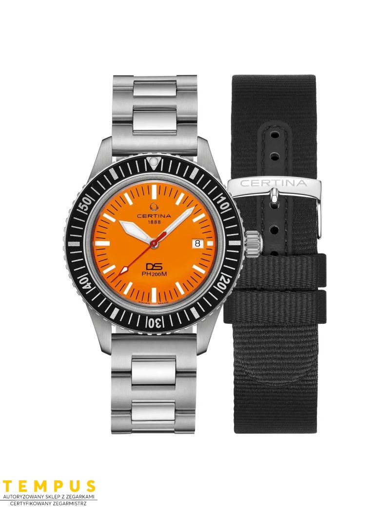 Wodoszczelny zegarek męski z pomarańczową tarczą Certina DS PH200M Powermatic 80 C036.407.11.280.00 Wodoszczelny zegarek męski z pomarańczową tarczą Certina DS PH200M Powermatic 80 C036.407.11.280.00