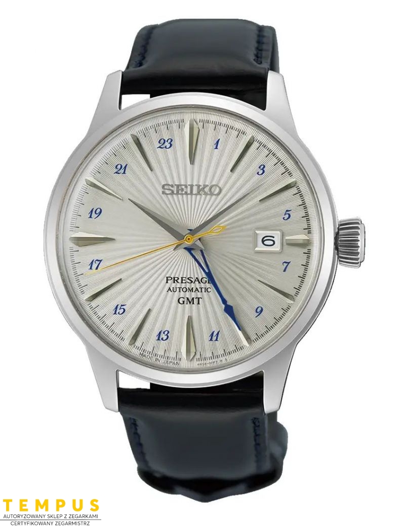 Elegancki zegarek do garnituru na pasku Seiko Presage SSK049J1 Silver Bullet Cocktail Time GMT Elegancki zegarek do garnituru na pasku Seiko Presage SSK049J1 Silver Bullet Cocktail Time GMT
