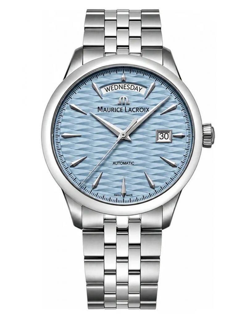 Męski zegarek automatyczny Maurice Lacroix 1975 Automatic Day Date Legacy Blue 756058-S1S11-430-1 Limited Edition na bransolecie