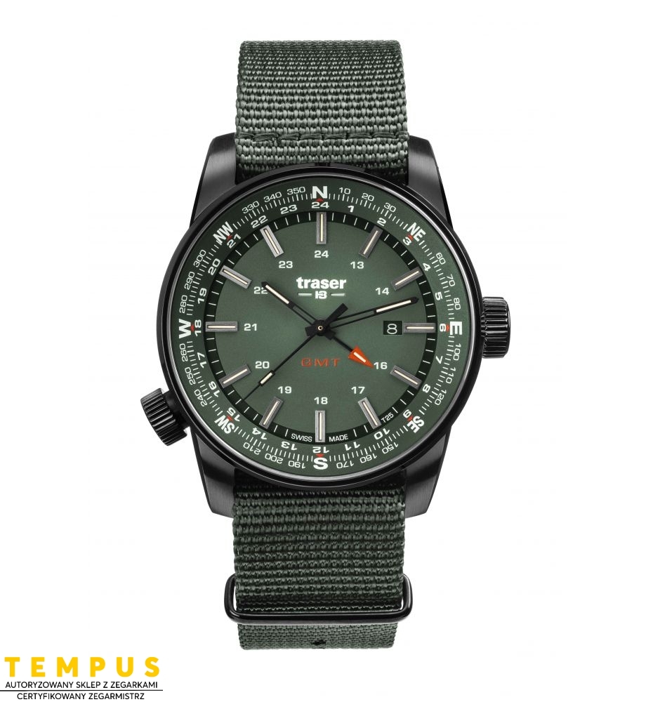 Zegarek sportowy, militarny męski Traser P68 Pathfinder GMT Green 109035 - Zegarki TRASER