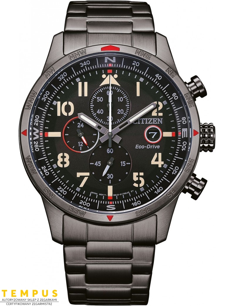 Zegarek lotniczy męski Citizen PILOT Chronograf CA0797-84E Eco Drive na bransolecie